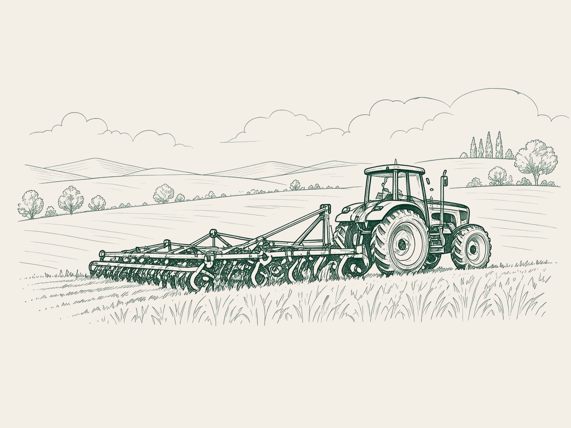 Schiță tractor cu utilaj de prelucrare a solului pe câmp