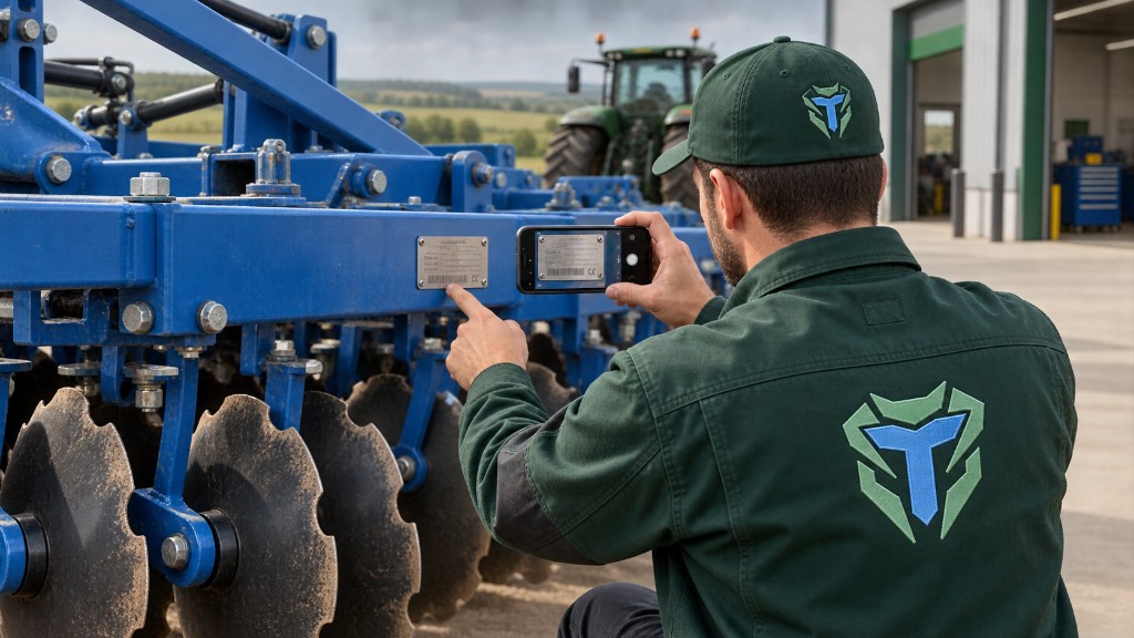 Tehnician Terramax fotografiind seria unui utilaj agricol